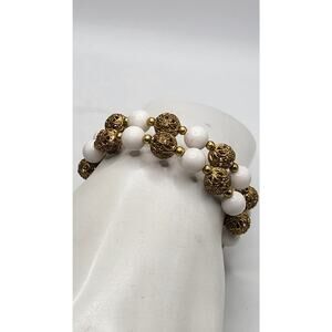 Vintage White Lucite & Gold Filigree Tassel Stretch Bracelet 2 Times